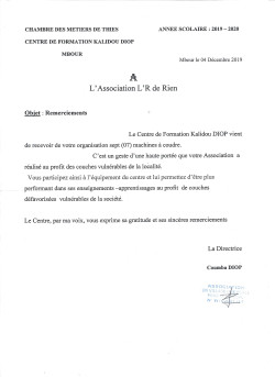 Lettre remerciement Don de machine Kalidou Sénégal 2019